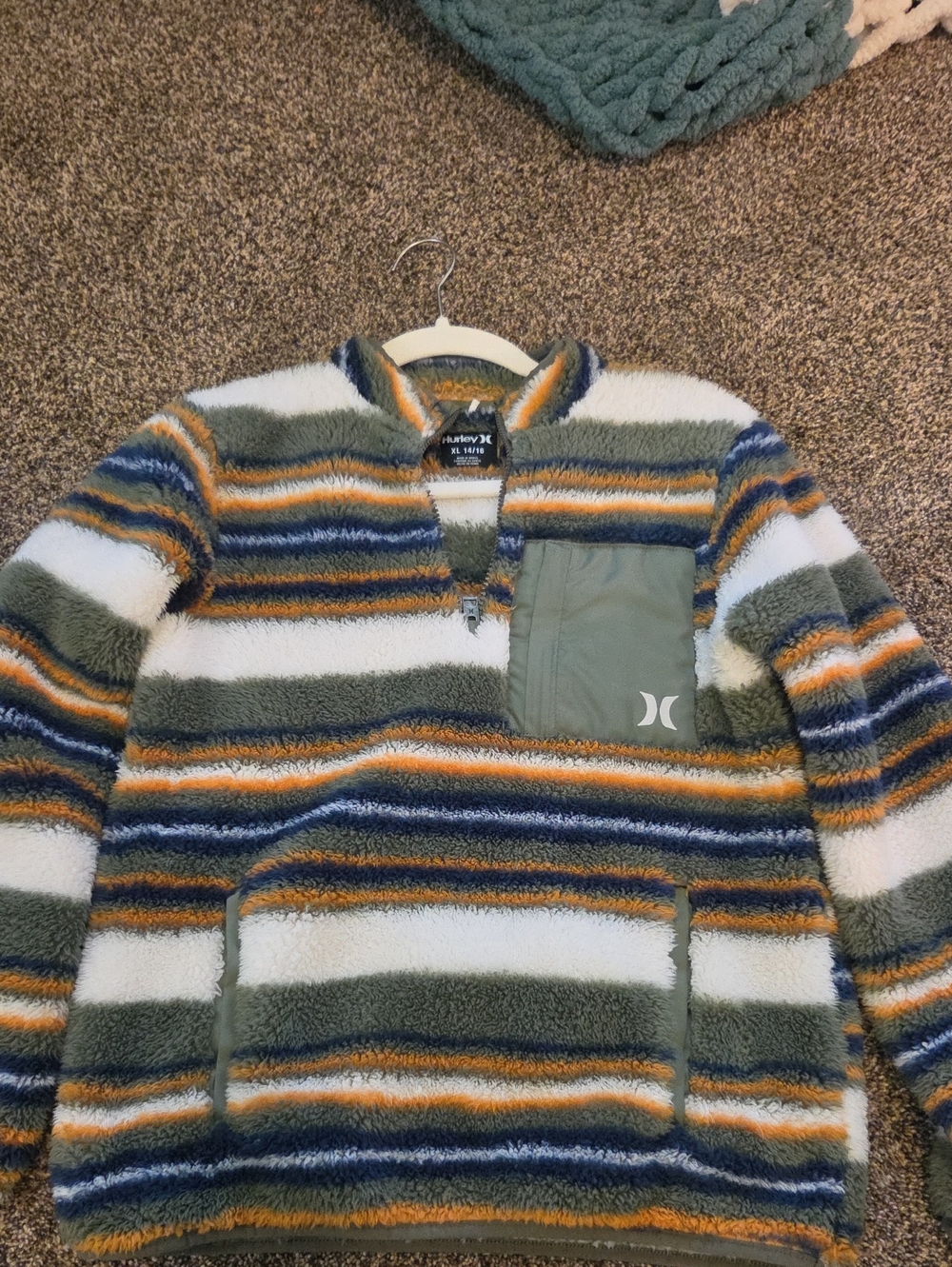 Hurley Men's Olive Multi-Stripe Sherpa Pullover Sweater